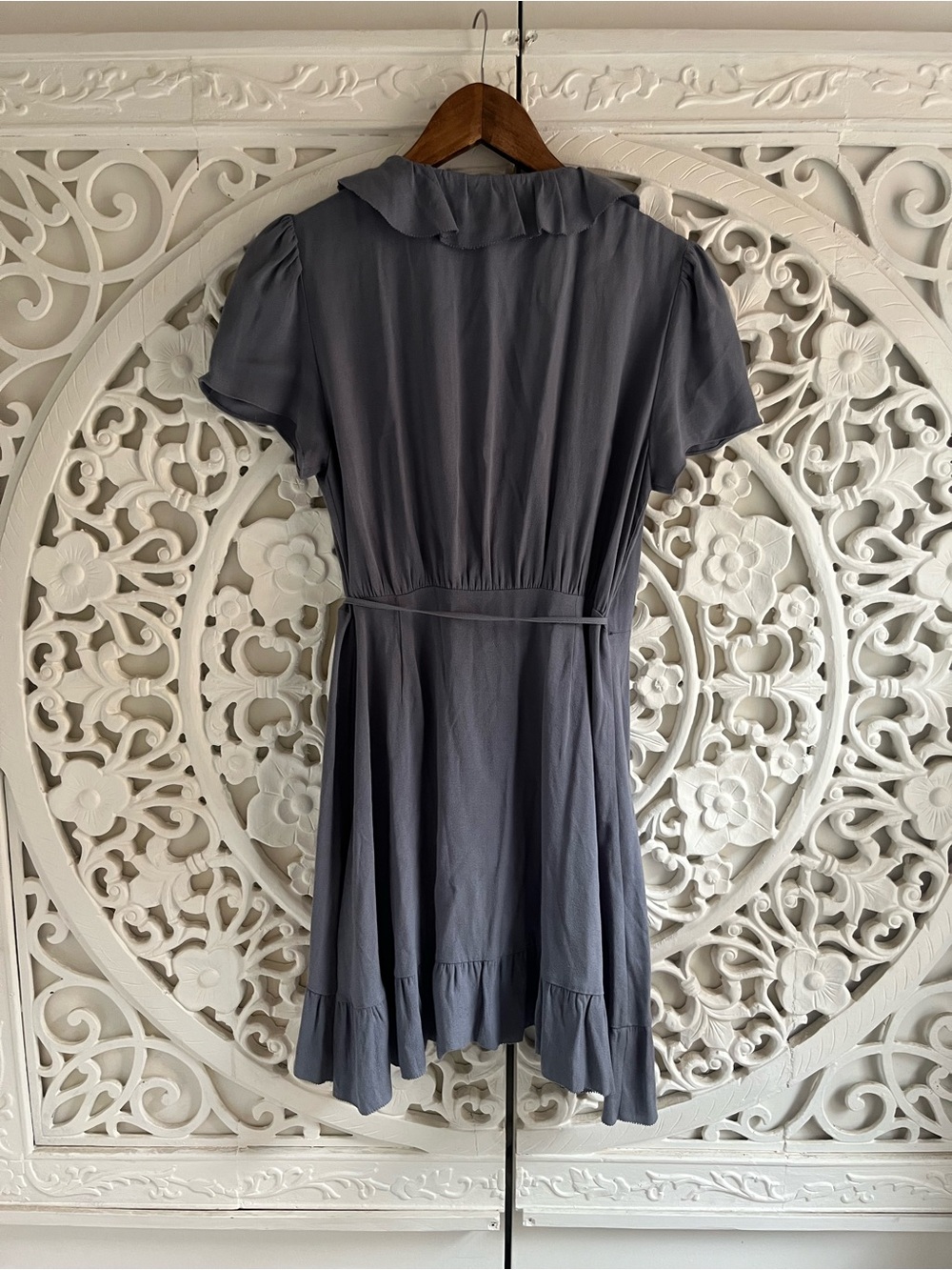 Aritzia Sunday Best Blue Grey Ruffle Wrap Mini Dress Size M - Picture 5 of 6